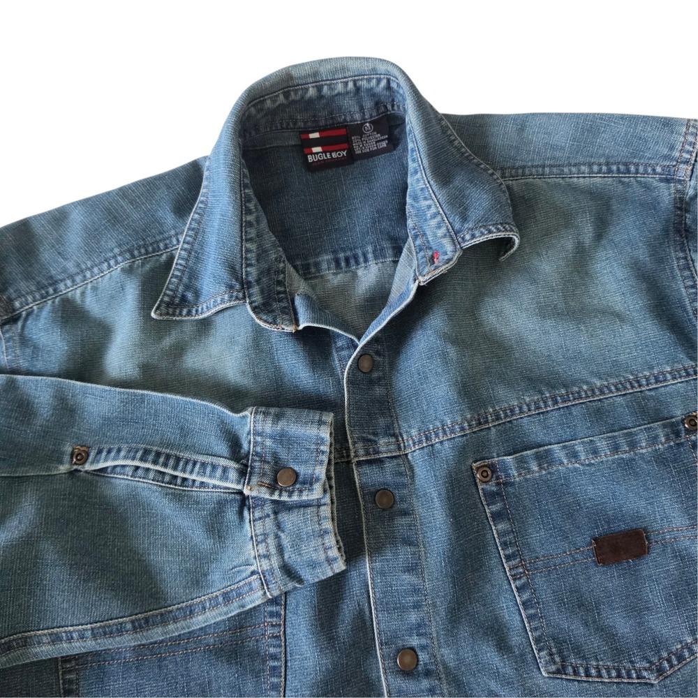 Bugle Boy Mens Denim Shirt Blue Long Sleeve Snap Front Elbow Patches Size M